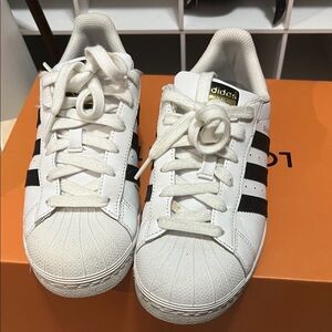 adidas Kids White Sneakers with Black Stripes - Classic Shell Toe